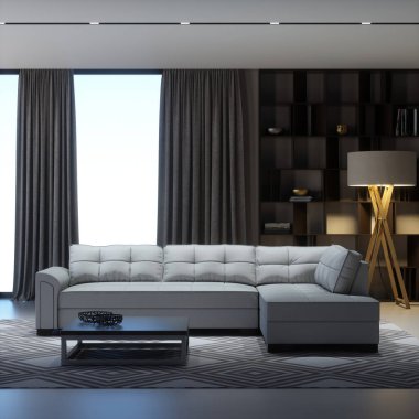 İçerideki gri kanepe büyük pencerelerin arka planına karşı. 3d hazırlayıcı