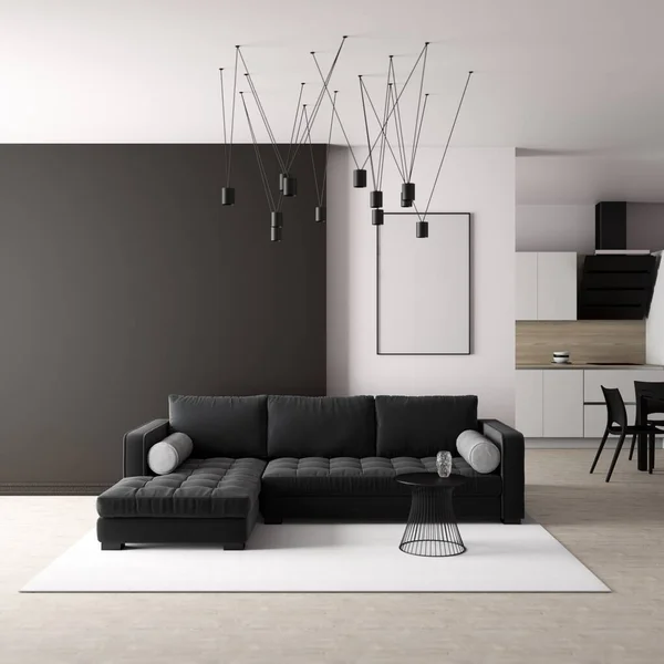 Siyah kanepe ve mutfak. 3d hazırlayıcı