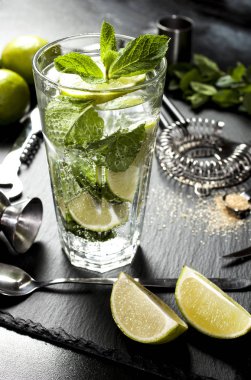 Mojito kokteyl yapımı. Malzemeler ve mutfak eşyaları.