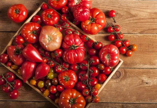 Tomaten op rustieke houten achtergrond bovenaanzicht kopieerruimte. — Stockfoto