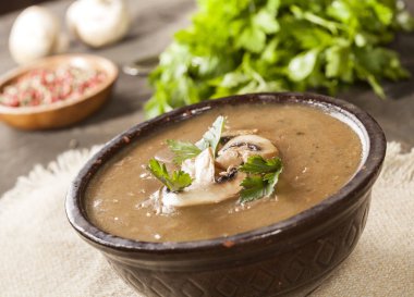 Maydanozlu lezzetli kremalı mantar çorbası ve koyu bir arka planda yakın plan..