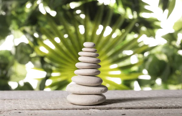 Zen stones pyramid on tropical leaves background — Stock Photo, Image