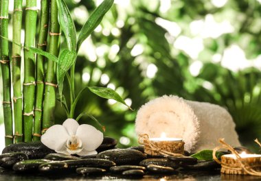 Büyük bambu yaprakları, beyaz orkide, havlu ve mumlar tropikal yaprakların üzerinde zen taşlarının üzerinde.