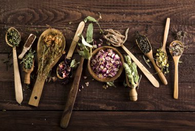 Tahta arka planda kaşıklarda çay çeşitleri. Üst görünüm.