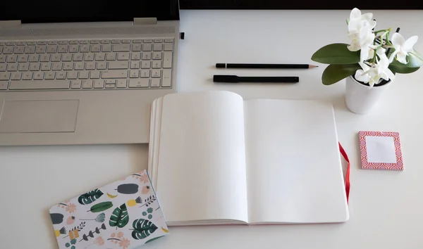 Bureau vue de dessus - ordinateur portable, carnet de notes, doublure fine, orchidée et notes collantes — Photo