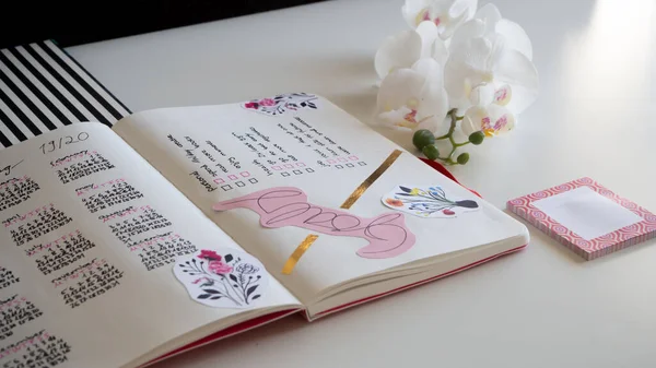 Karlsruhe, Almanya - 11,11.2019: Günlük yaşam tarzı, Bullet Journal - Planer - Notebook - Çapraz üst görünüm orkideyle izole edilmiş