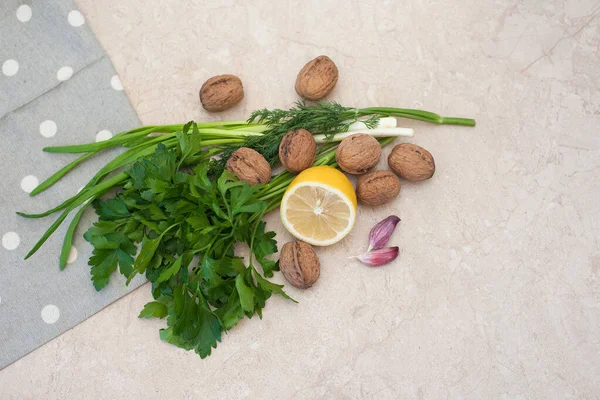 Egészséges Ételek Zöldségek Dió Citromos Fokhagyma Étel Megfelelő Táplálkozás Növényi — Stock Fotó