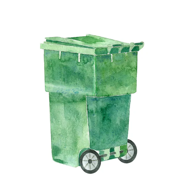 Watercolor illustration of garbage container.