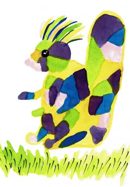 Mürekkep Çizimi: Çayırdaki Renkli Fantezi Sincap