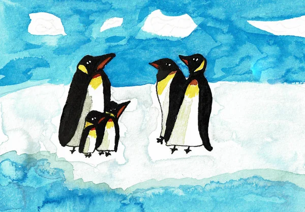 Pingüinos en un témpano de hielo. Dibujo de tinta dibujado a mano . —  Fotos de Stock