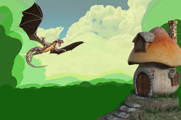 Hobbit Maison avec un Drake volant — Photo