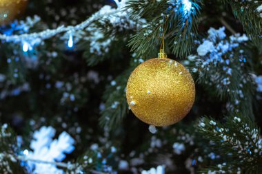 Altın Noel balosu, parlak arka planda karla kaplı bir Noel ağacı dalında. Mesaj için yer var. Ortak alan, kış tatili konsepti.