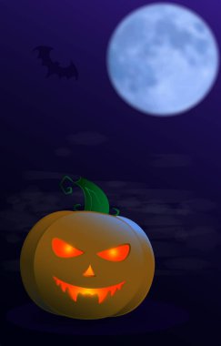 Cadılar Bayramı için balkabağı ay ışığında koyu mavi bir arka planda ve uçan bir sopayla sis. Vektör illüstrasyonu