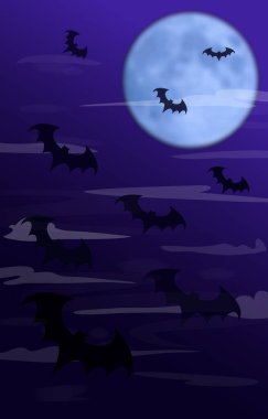 Bir yarasa sürüsü sisle kaplı koyu mor bir zemin üzerinde mavi aya doğru yönelir. Vektör illüstrasyonu