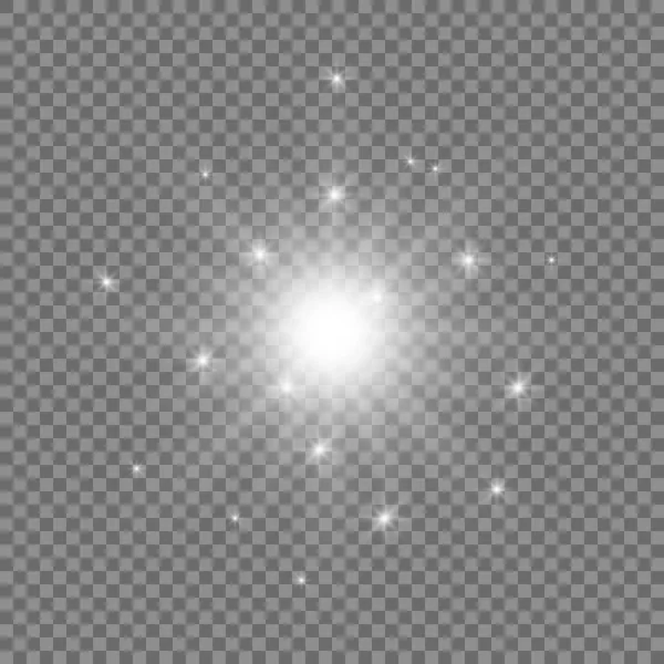 투명 한 백색 섬광 또는 발광 효과. 버스트 폭발의 벡터 그림은 섬광 질감을 보여 줍니다. 밝은 빛을 내는 렌즈 플레어. — 스톡 벡터