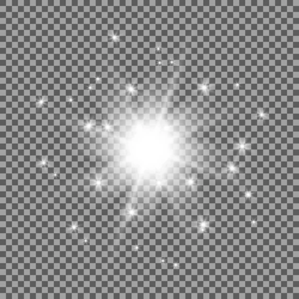 Şeffaf beyaz ışık ya da ışık efekti. Patlama izdüşümünün hisse senedi vektör çizimi. Parlak ışıldayan ışıklarla mercekler parlıyor..