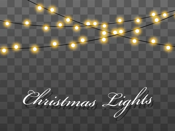 透明な背景に孤立した電球。クリスマスツリー妖精のライト線の文字列。結婚式やパーティー、新年の装飾ランプ。チャークボードストリングライトバンチ — ストックベクタ