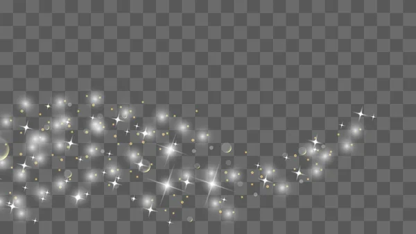 Altın parıldayan yıldız tozu izleri şeffaf arkaplanda izole edilmiş ışıldayan parçacıklar. Vektör beyaz parıltı dalgası soyut illüstrasyon. Işık efekti yıldızların parıltılarıyla parlar