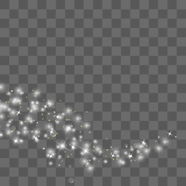Altın parıldayan yıldız tozu izleri şeffaf arkaplanda izole edilmiş ışıldayan parçacıklar. Vektör beyaz parıltı dalgası soyut illüstrasyon. Işık efekti yıldızların parıltılarıyla parlar