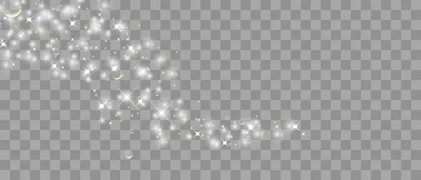 Gold glittering star dust trail sparkling particles isolated on transparent background. Vector white glitter wave abstract illustration. Light glow effect stars bursts with sparkles