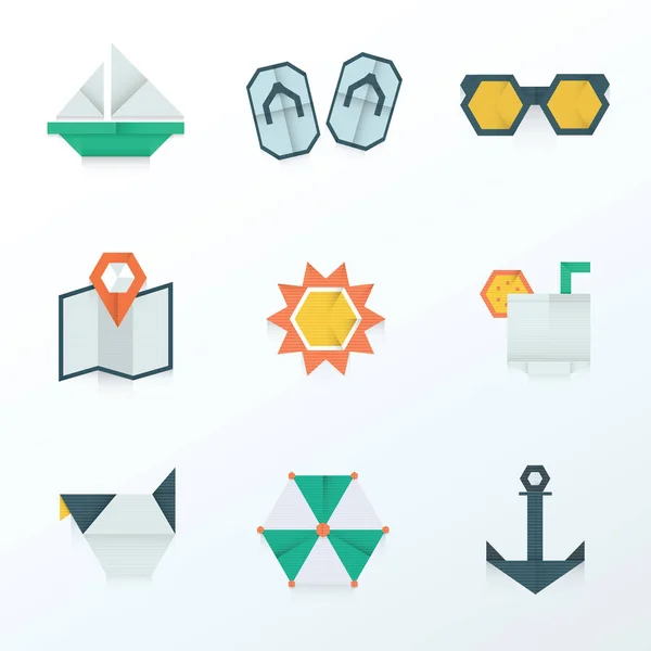 Ícones de verão origami design plano —  Vetores de Stock