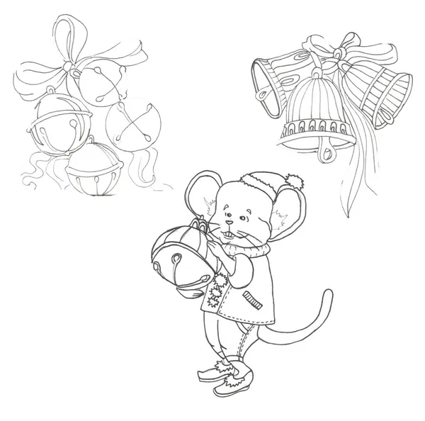 Hristmas zvonky a myš v obleku se zvonkem — Stock fotografie