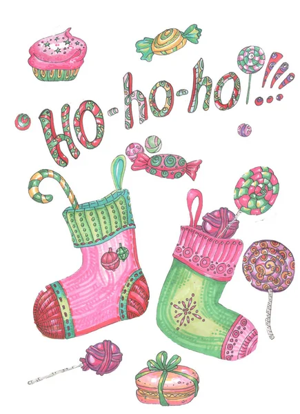 Ho Santa Claus słowa, Boże Narodzenie skarpetki i cukierki — Zdjęcie stockowe