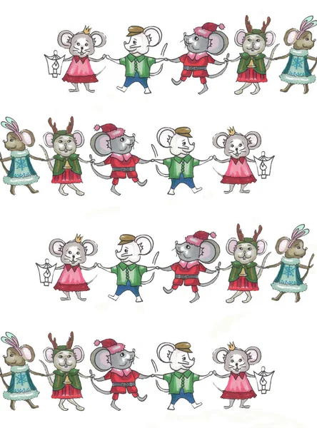 Rennende en dansende muizen in kerstpakken — Stockfoto