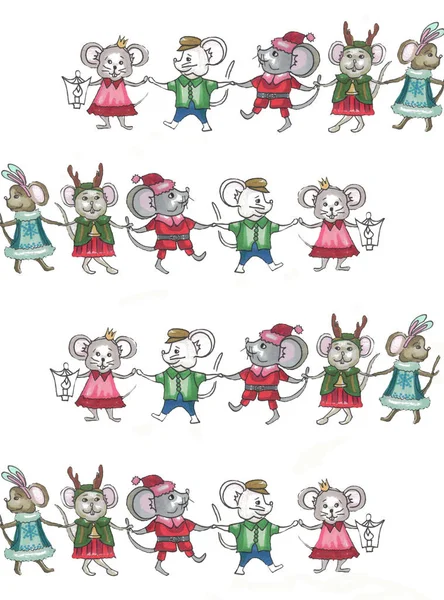 running and dancing mice in christmas suits