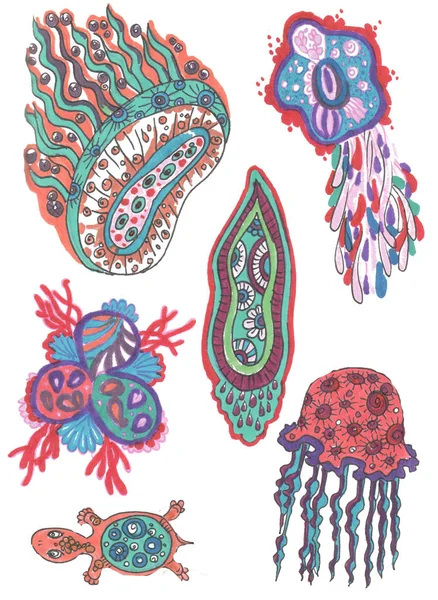 Esboço de criaturas marinhas elementos da vida doodles tungles — Fotografia de Stock