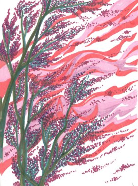 Kırmızı ve beyaz arka planda mor çiçekli ağaç dalları