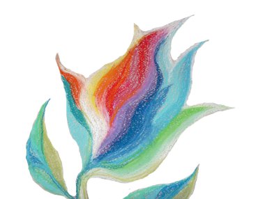 Soyut gökkuşağı çiçeği beyaz bir kalemin üzerindeki balmumu kalemlerle çizilir.