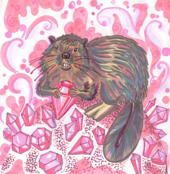 Bruine bever zit tussen roze natuurkristallen — Stockfoto