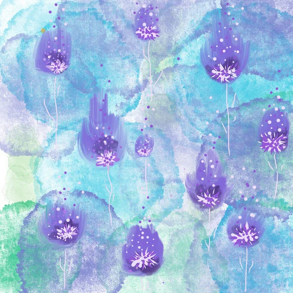 Noche de hadas fondo azul con agua y flores púrpuras — Vector de stock