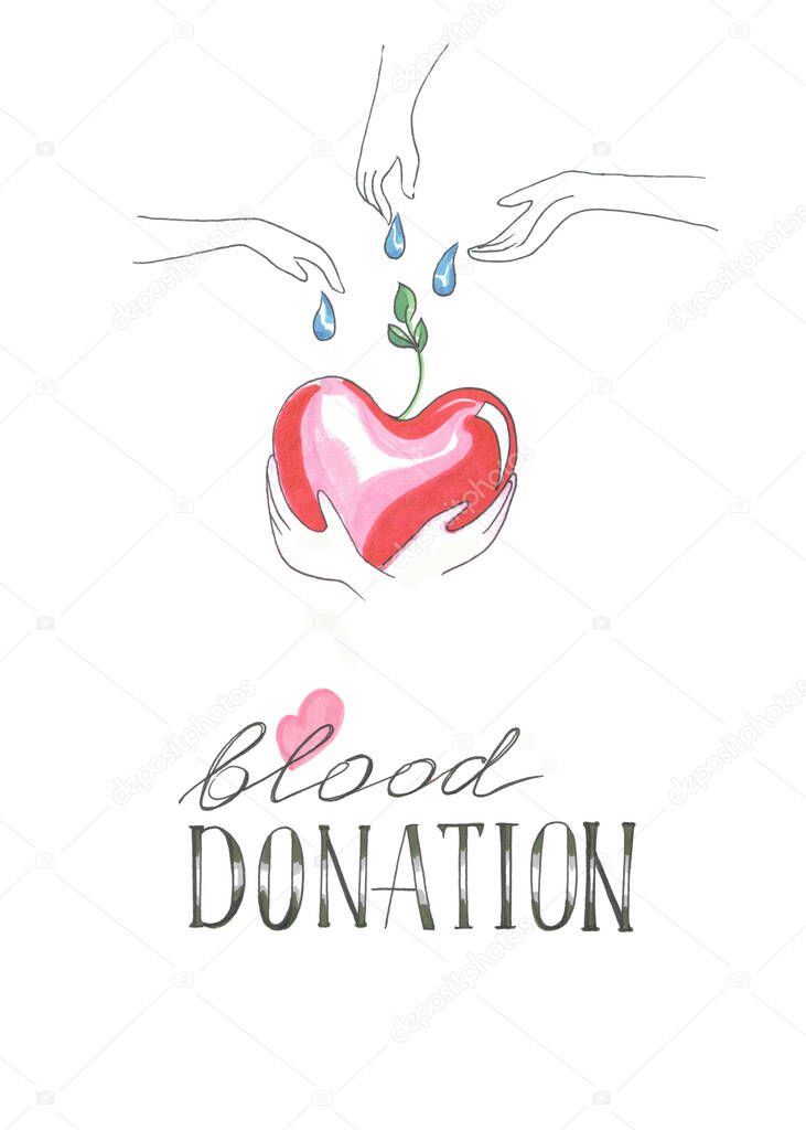 blood donation in the form of a plant-heart and hands with water drops