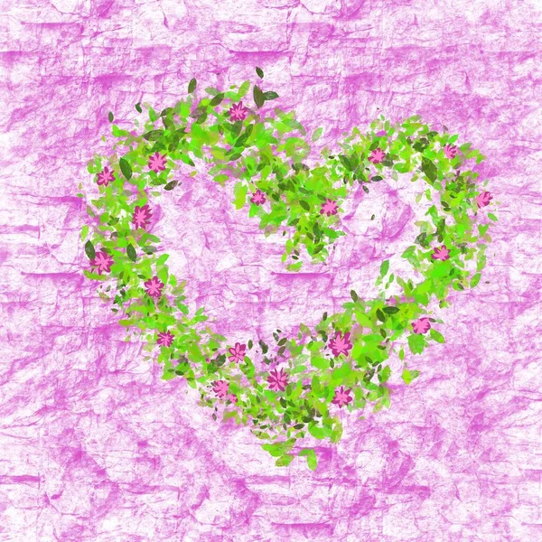 Zielone liście kwiatowe serce na różowym tle — Zdjęcie stockowe