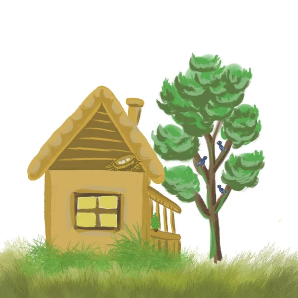 白い背景に鳥のいる小さな小屋と緑の木 — ストック写真
