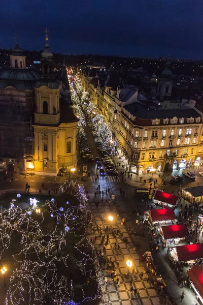 Letecký Pohled Tyn Náměstí Vánočním Trhem Zdobené Vánoční Stromeček Staroměstské — Stock fotografie