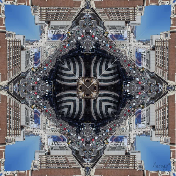 摘要万花筒背景改变了类似曼陀罗的城市街道万花筒图像 独特的万花筒设计 数字抽象模式 — 图库照片
