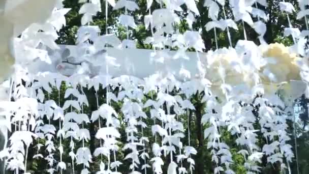 Mooie Decoratieve Delicate Bruiloft Boog Met Witte Bladeren — Stockvideo