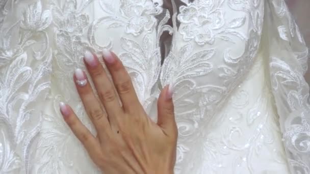 Sposa Passa Dolcemente Mano Sul Vestito Della Sposa — Video Stock