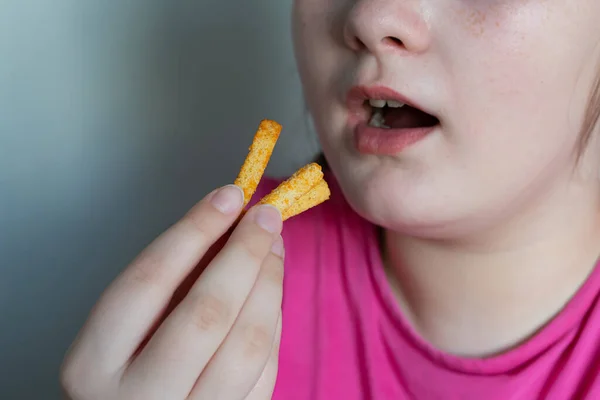 Girl Puts Her Mouth Few Breadcrumbs Girl Eats Crackers — Stock Photo, Image
