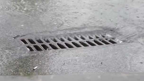 Drenos Água Para Esgoto Durante Chuva Através Grade Ferro — Vídeo de Stock