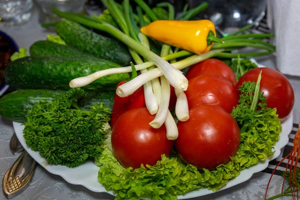 Legumes Frescos Prato Comida Vegetariana Tomates Pepinos Cebolas Salsa — Fotografia de Stock