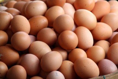 Marketteki sepette taze tavuk yumurtası.