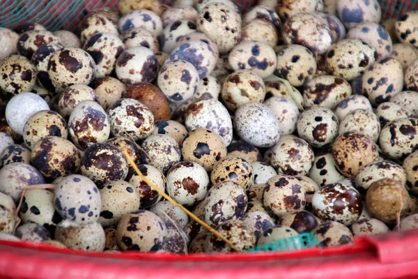 Œufs de caille frais panachés dans un panier rouge au marché — Photo