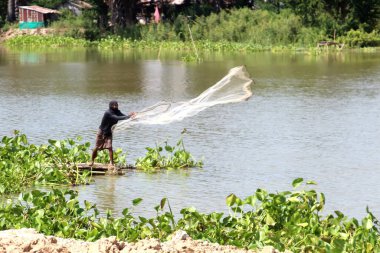Khmer balıkçısı göle bir ağ attı, Phnom Penh, Kamboçya