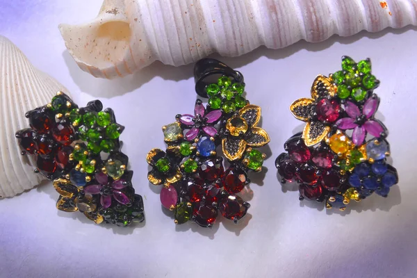 36 Earrings Pendant, Silver Rhodium Chromdiopside Ruby Sapphire — 스톡 사진