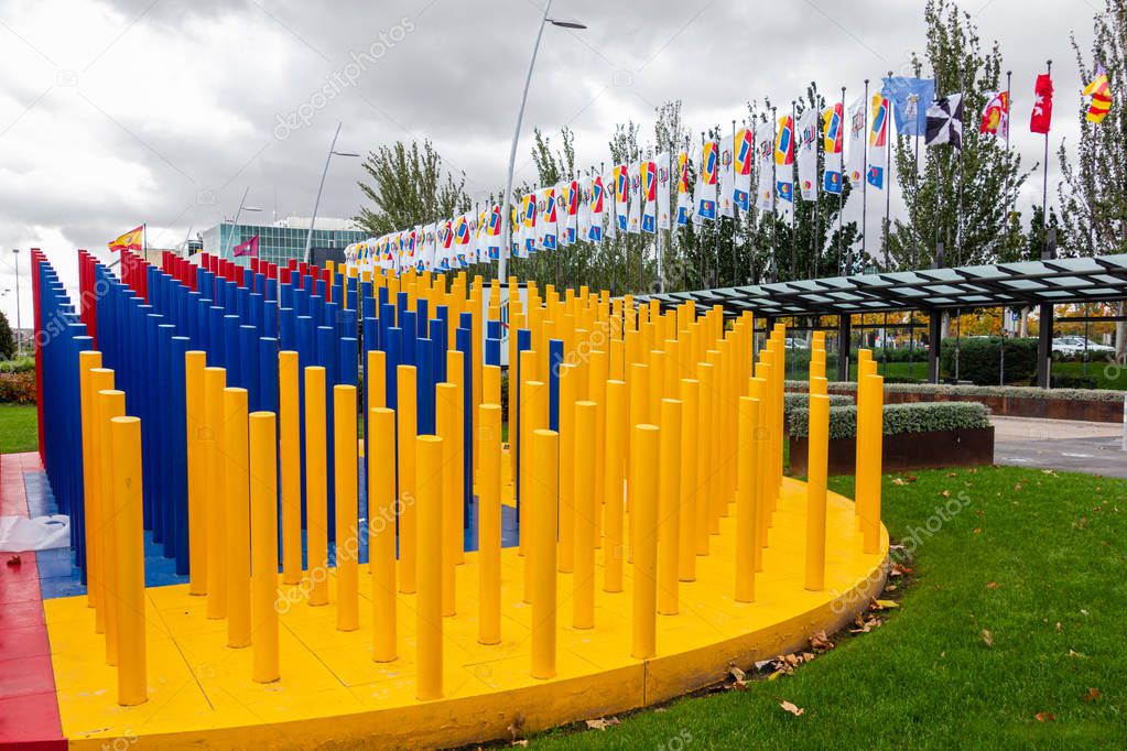 Madrid, Spain; 11/02/2019: IFEMA (Madrid Fair Institution) is an entity that organizes fairs, halls and congresses in its facilities and will host the COP 25. Picture of logo and flags at the entrance