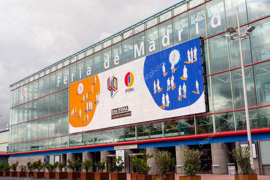Madrid, Spain; 11/02/2019: IFEMA (Madrid Fair Institution) is an entity that organizes fairs, halls and congresses in its facilities and will host the COP 25. Picture of the main facade